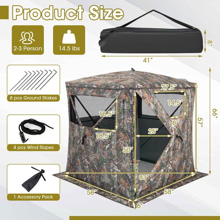 2-3 Person Hunting Blind Portable Pop Up Ground Tent with Carry Bag and Storage Pocket