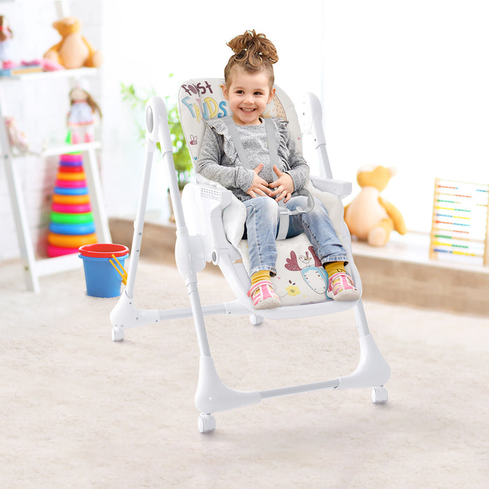 3-In-1 Convertible Highchair with Adjustable Height and 5-Point Safety Belt and Lockable Wheels-Beige