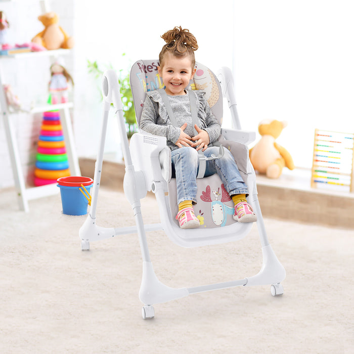 3-In-1 Convertible Highchair with Adjustable Height and 5-Point Safety Belt and Lockable Wheels-Gray