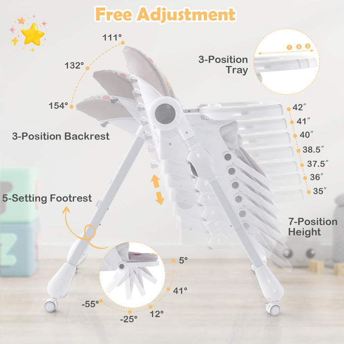 3-In-1 Convertible Highchair with Adjustable Height and 5-Point Safety Belt and Lockable Wheels-Gray