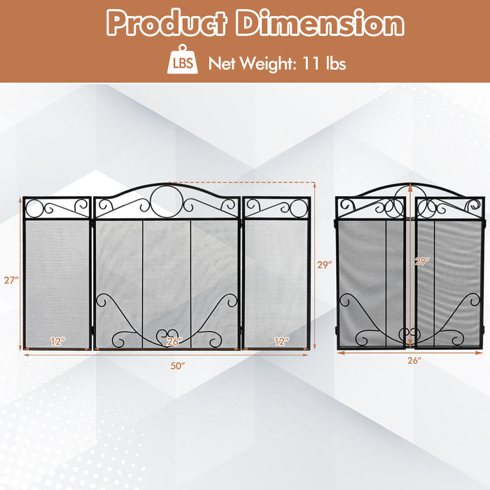 3-Panel Freestanding Fireplace Screen Folded Fire Doors