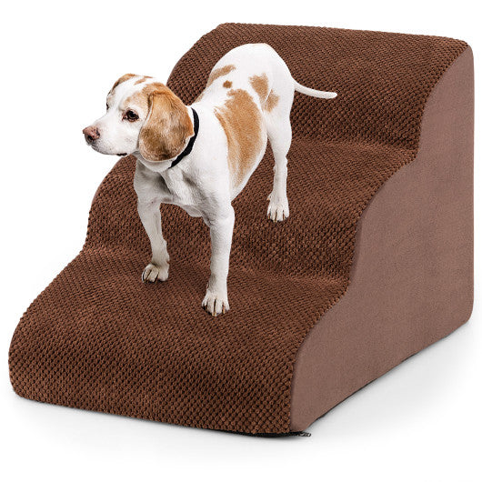 3-Tier Non-Slip Dog Steps with High-Density Sponge and Silicone Paw Prints-Brown