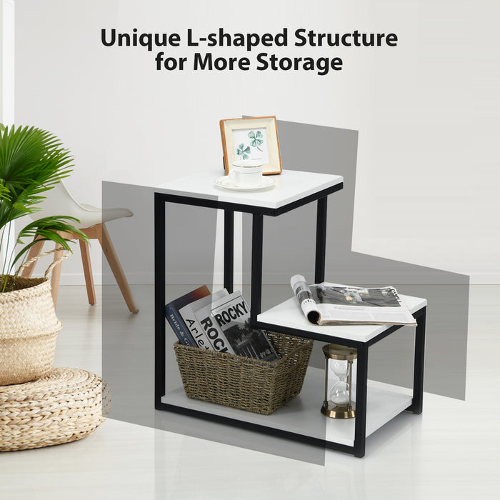 3-Tier Ladder-Shaped Chair Side Table with Storage Shelf-White