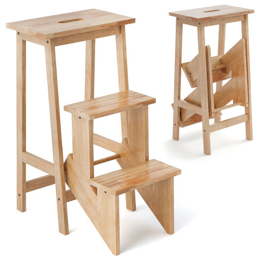 3-in-1 Rubber Wood 3 Tier Folding Step Stool Ladder Storage Shelf-Natural