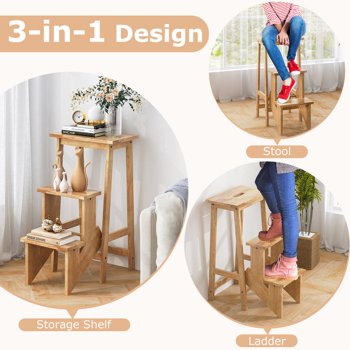 3-in-1 Rubber Wood 3 Tier Folding Step Stool Ladder Storage Shelf-Natural