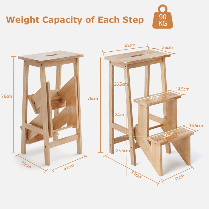 3-in-1 Rubber Wood 3 Tier Folding Step Stool Ladder Storage Shelf-Natural