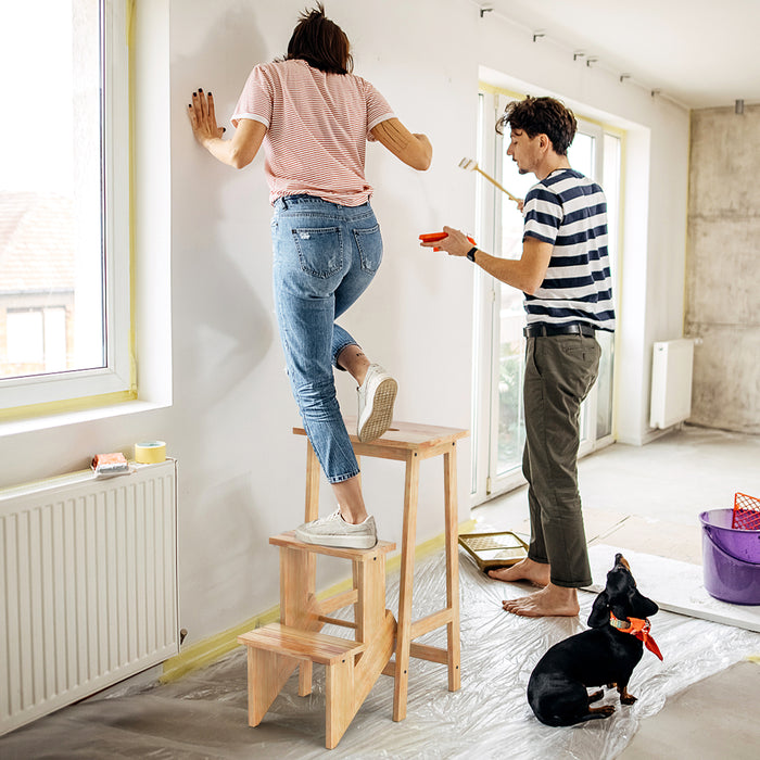 3-in-1 Rubber Wood 3 Tier Folding Step Stool Ladder Storage Shelf-Natural