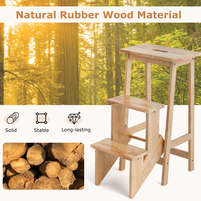 3-in-1 Rubber Wood 3 Tier Folding Step Stool Ladder Storage Shelf-Natural