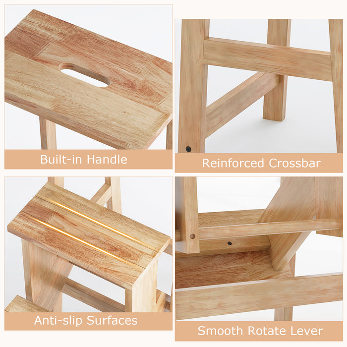 3-in-1 Rubber Wood 3 Tier Folding Step Stool Ladder Storage Shelf-Natural