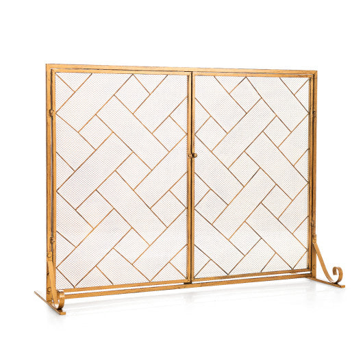 3-Panel Folding Wrought Iron Fireplace Screen with Doors and 4 Pieces Tools Set-Golden