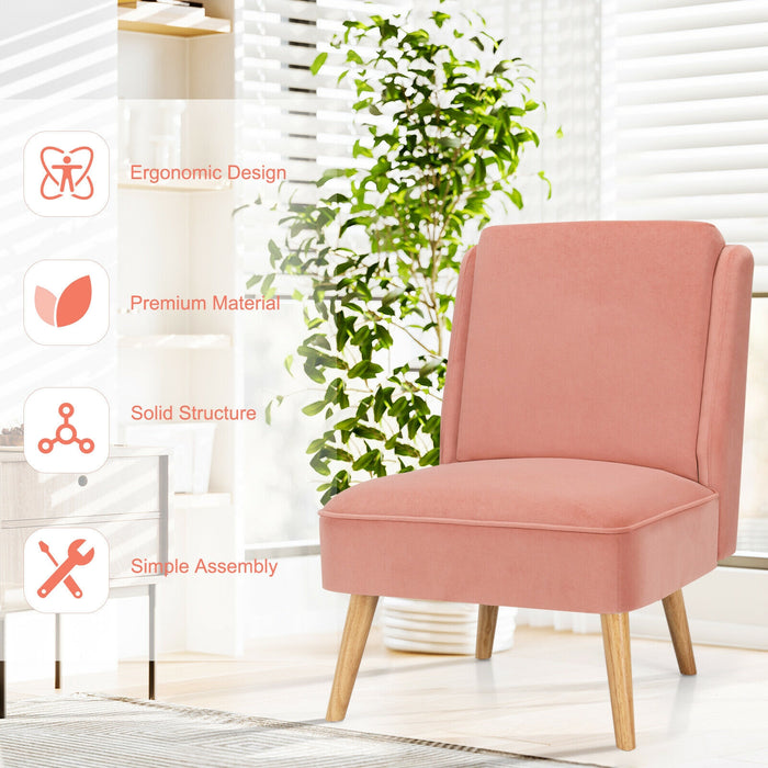 Velvet Accent Armless Side Chair with Rubber Wood Legs for Bedroom-Pink