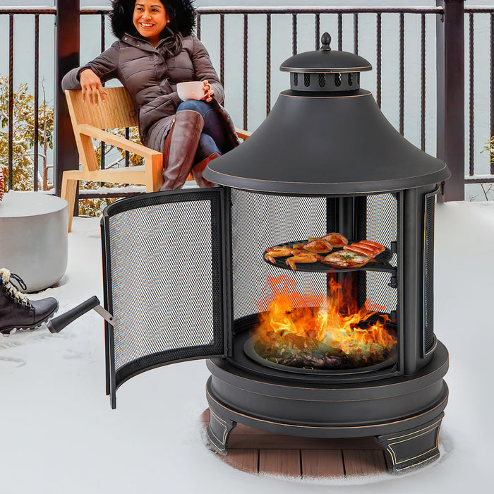 30 Inch Outdoor Fire Pit Chiminea with Grill for Garden BBQ