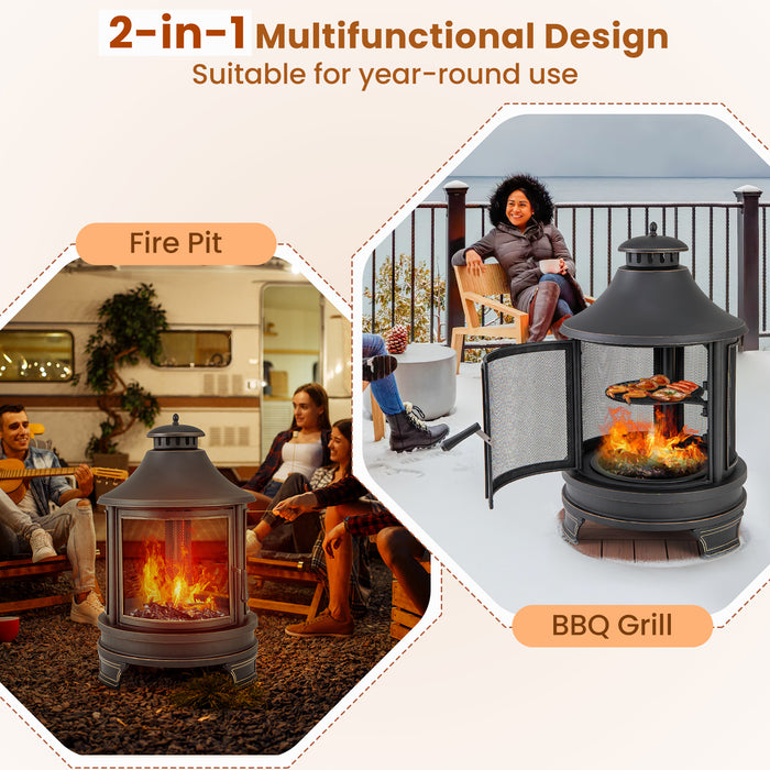 30 Inch Outdoor Fire Pit Chiminea with Grill for Garden BBQ