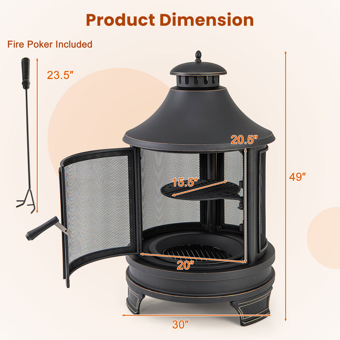 30 Inch Outdoor Fire Pit Chiminea with Grill for Garden BBQ