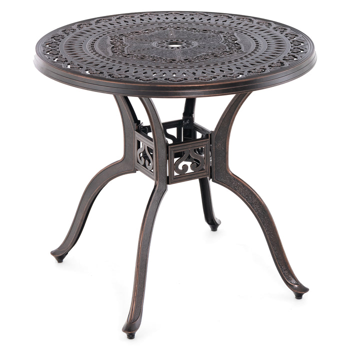 31.5 Inch Cast Aluminum Table Patio Round Dining Table with Umbrella Hole-Copper