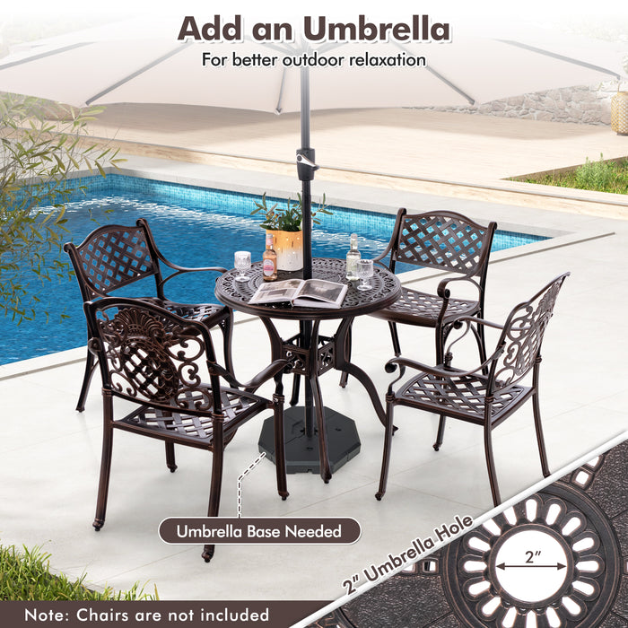 31.5 Inch Cast Aluminum Table Patio Round Dining Table with Umbrella Hole-Copper