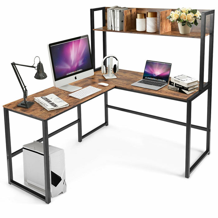 Reversible L-Shaped Corner Desk with Storage Bookshelf-Brown