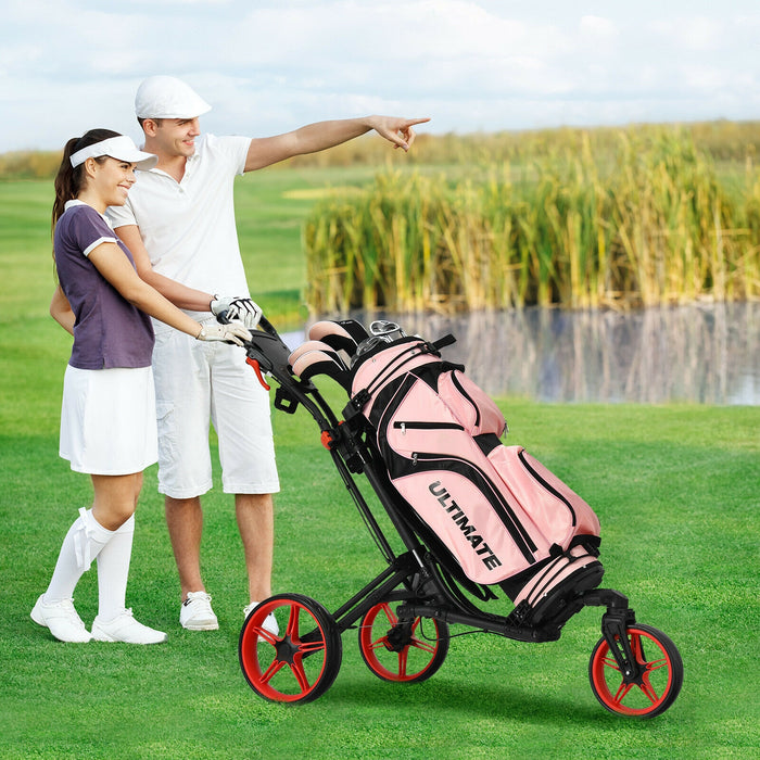 Folding Golf Push Cart with Scoreboard Adjustable Handle Swivel Wheel-Red