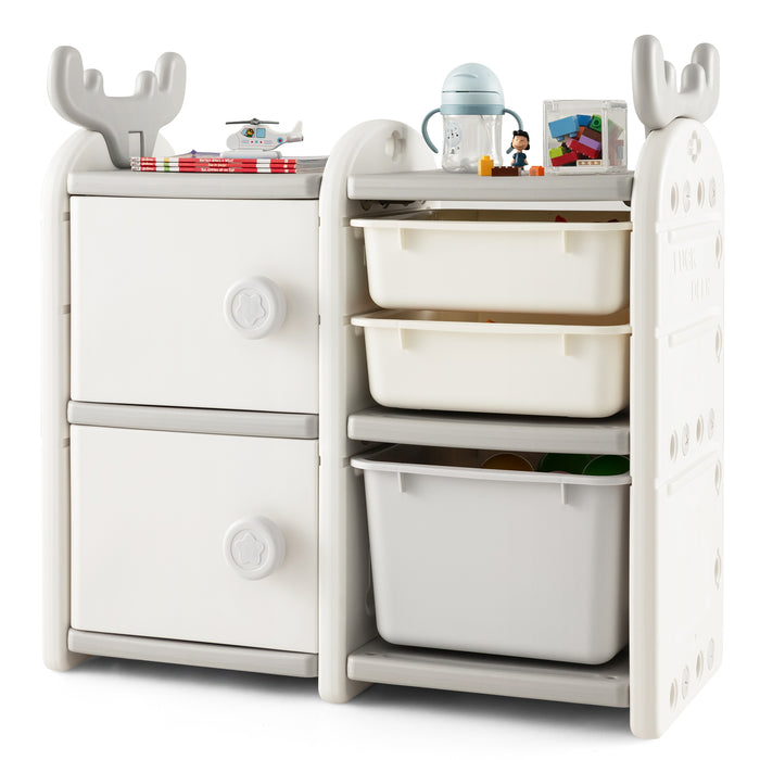 31 Inch Toy Chest and Bookshelf for Toddlers with Enclosed Cabinets and Pull-out Drawers