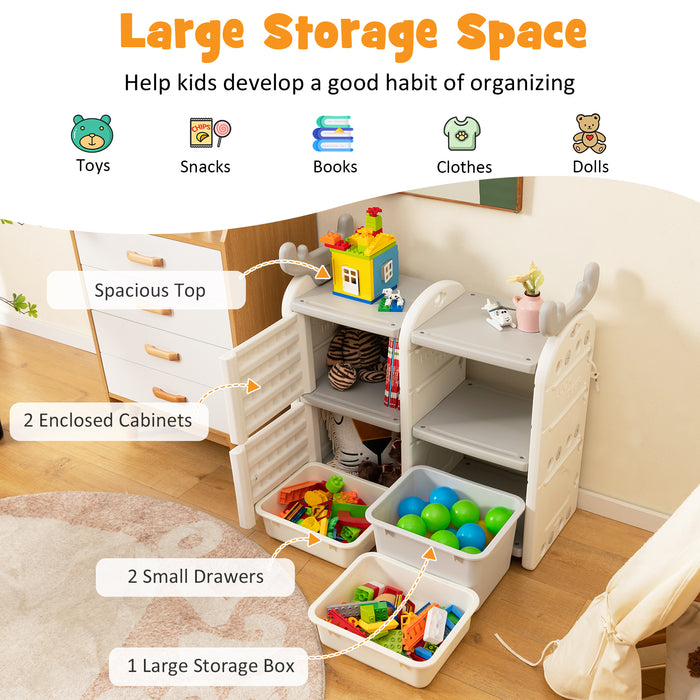 31 Inch Toy Chest and Bookshelf for Toddlers with Enclosed Cabinets and Pull-out Drawers