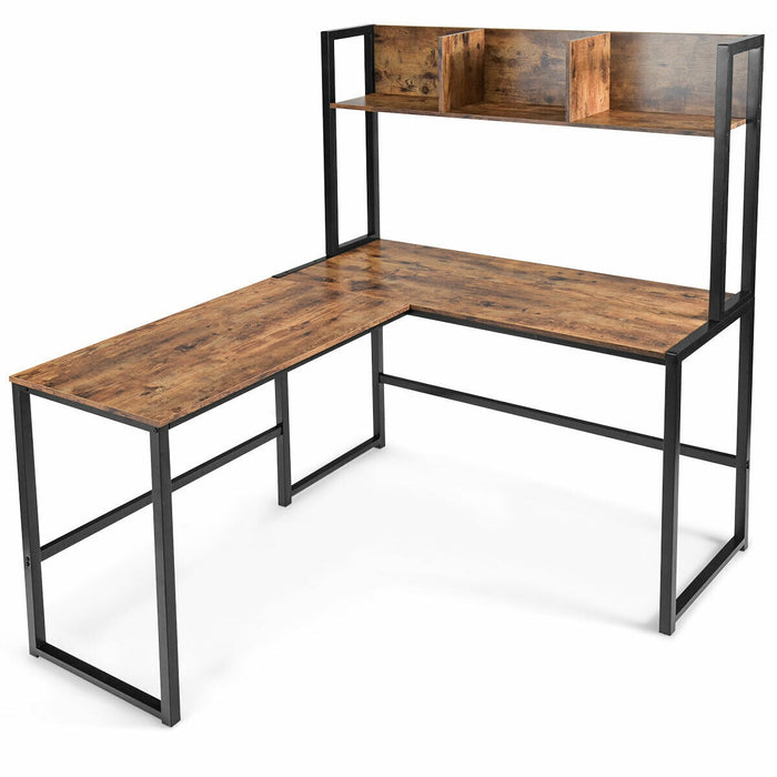 Reversible L-Shaped Corner Desk with Storage Bookshelf-Brown