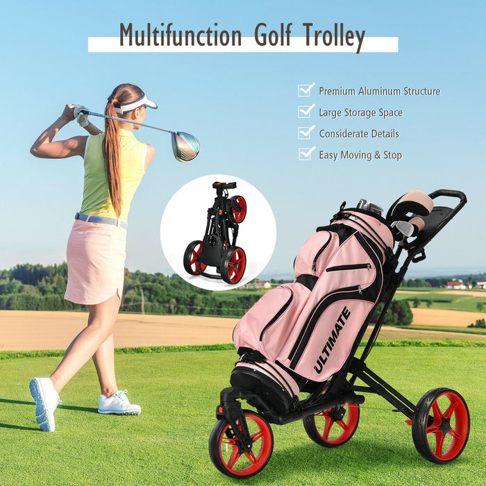 Folding Golf Push Cart with Scoreboard Adjustable Handle Swivel Wheel-Red