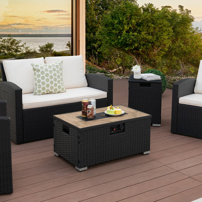 32 x 20 Inch Propane Rattan Fire Pit Table Set with Side Table Tank and Cover-Black