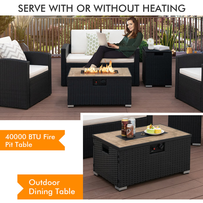 32 x 20 Inch Propane Rattan Fire Pit Table Set with Side Table Tank and Cover-Black