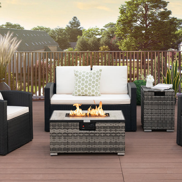 32 x 20 Inch Propane Rattan Fire Pit Table Set with Side Table Tank and Cover-Gray