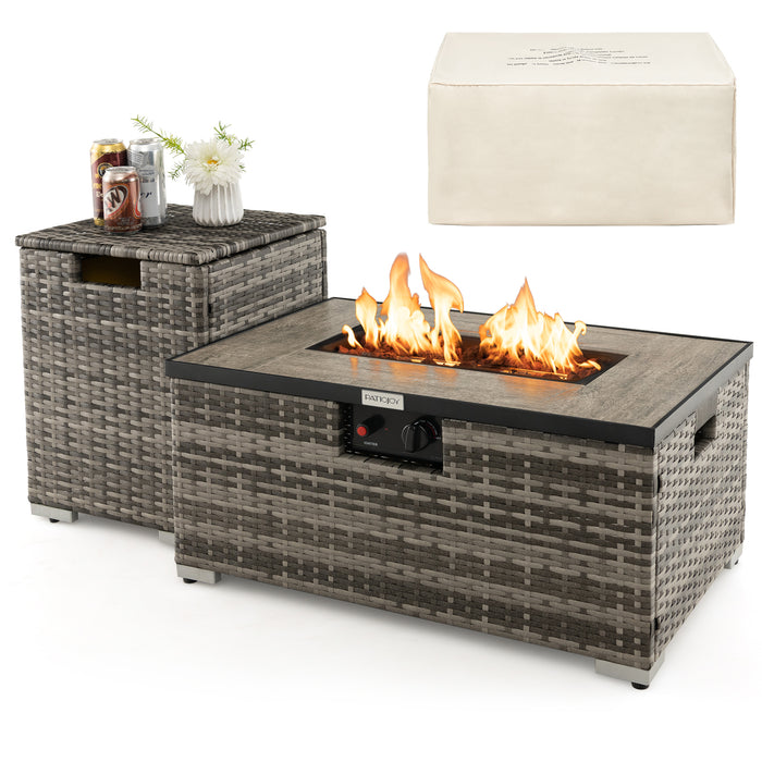 32 x 20 Inch Propane Rattan Fire Pit Table Set with Side Table Tank and Cover-Gray