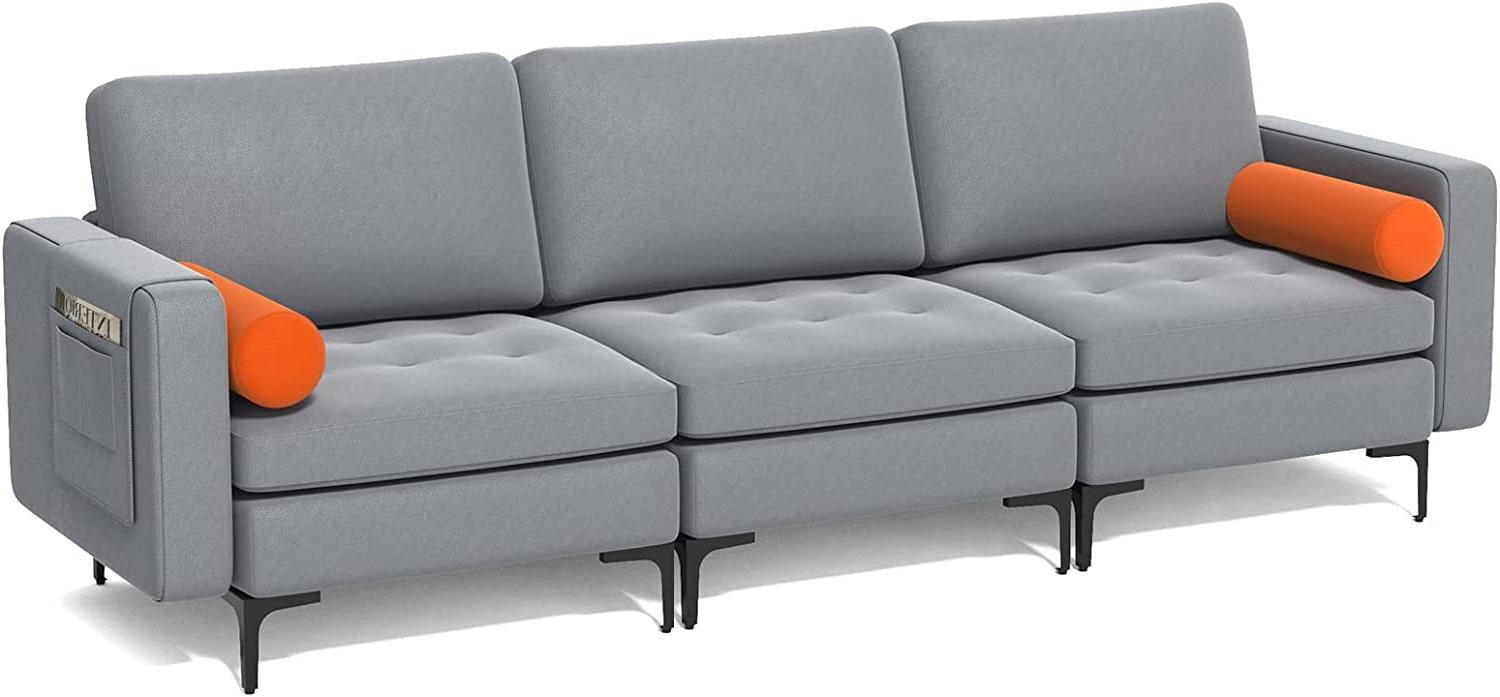 3-Seat Sofa Sectional with Side Storage Pocket and Metal Leg-Gray