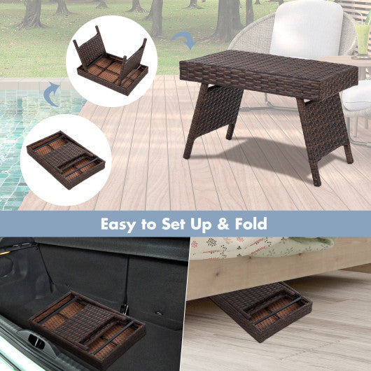 Folding PE Rattan Side Coffee Table Patio Garden Furniture-Brown