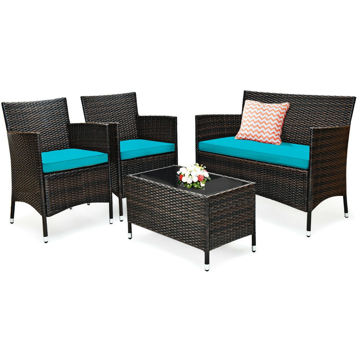 4 Pieces Patio Rattan Sofa Set with Chairs and Glass Coffee Table-Turquoise