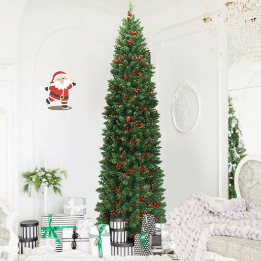 7.5 Feet Pre-lit Hinged Pencil Christmas Tree with Pine Cones Red Berries