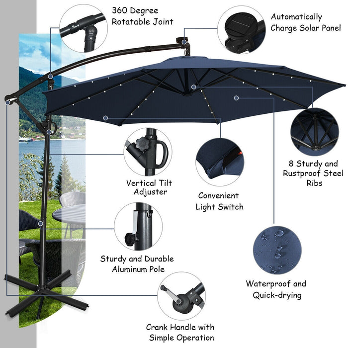 10 ft 360Â° Rotation Solar Powered LED Patio Offset Umbrella without Weight Base-Navy