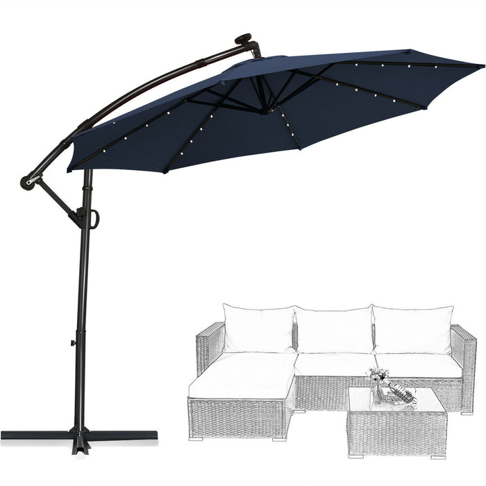 10 ft 360Â° Rotation Solar Powered LED Patio Offset Umbrella without Weight Base-Navy