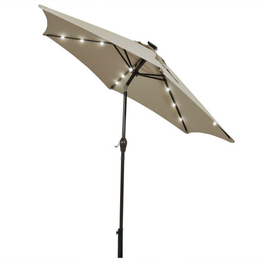 9 Feet Solar LED Lighted Patio Market Umbrella Tilt Adjustment Crank Lift-Tan