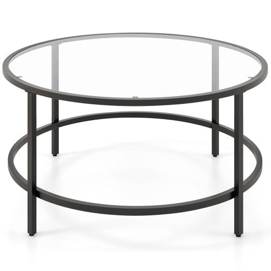 36 Inch Round Coffee Table with Tempered Glass Tabletop-Black