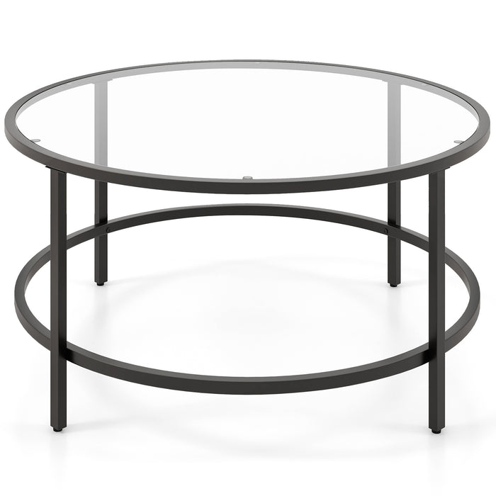 36 Inch Round Coffee Table with Tempered Glass Tabletop-Black