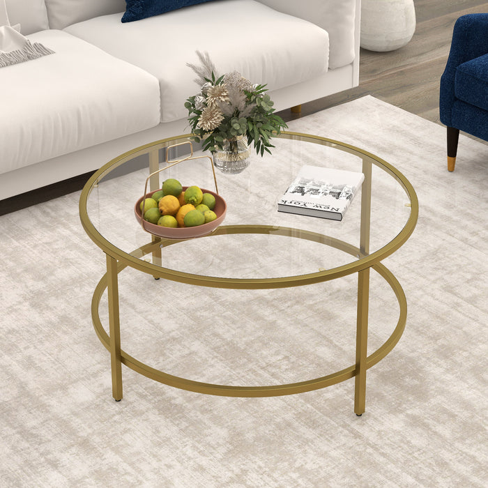 36 Inch Round Coffee Table with Tempered Glass Tabletop-Golden