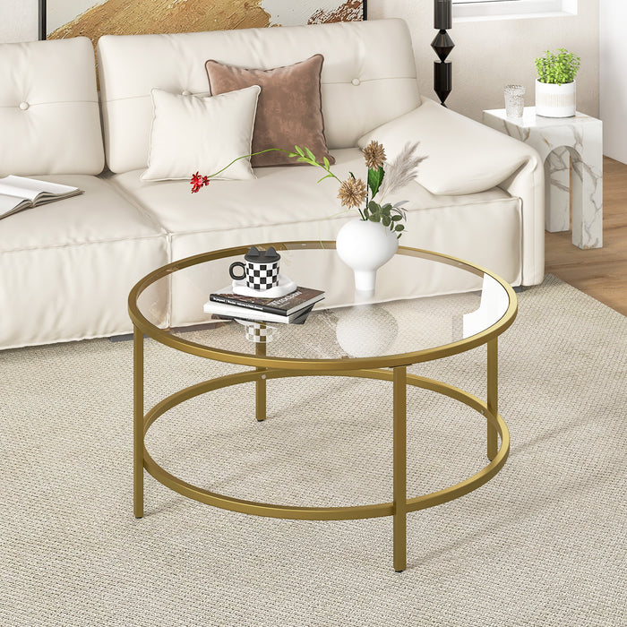 36 Inch Round Coffee Table with Tempered Glass Tabletop-Golden