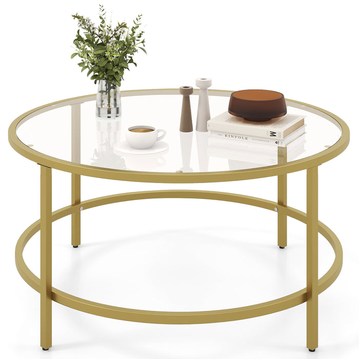 36 Inch Round Coffee Table with Tempered Glass Tabletop-Golden