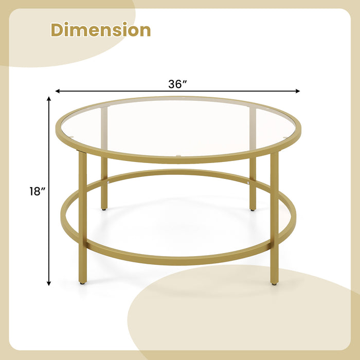 36 Inch Round Coffee Table with Tempered Glass Tabletop-Golden