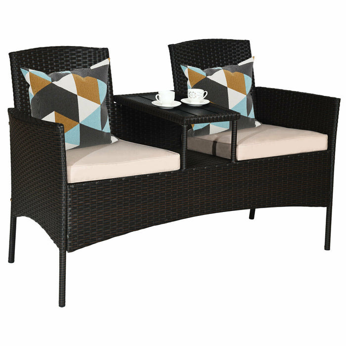 Modern Patio Conversation Set with Built-in Coffee Table and Cushions-Beige