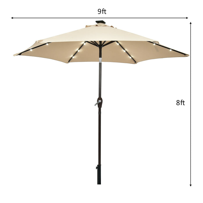 9 Feet Solar LED Lighted Patio Market Umbrella Tilt Adjustment Crank Lift-Beige