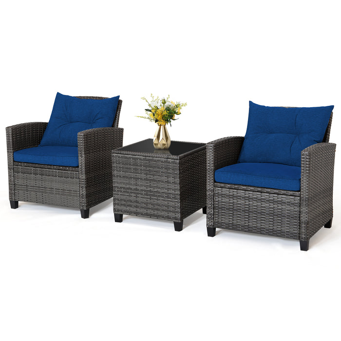 3 Pieces Outdoor Wicker Conversation Set with Tempered Glass Tabletop-Navy