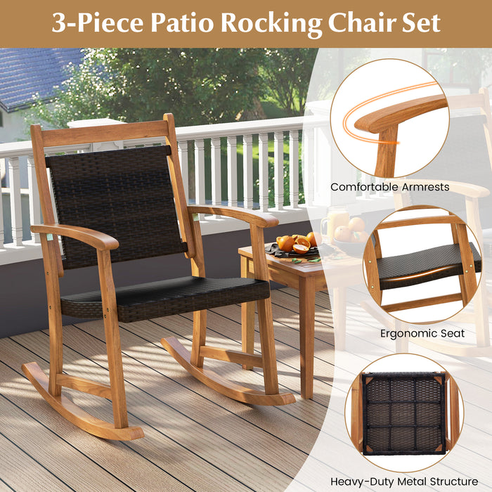 3 Pieces Acacia Wood Patio Rocking Chair Set with Side Table