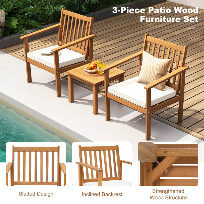 3 Pieces Patio Wood Furniture Set with soft Cushions for Porch-White