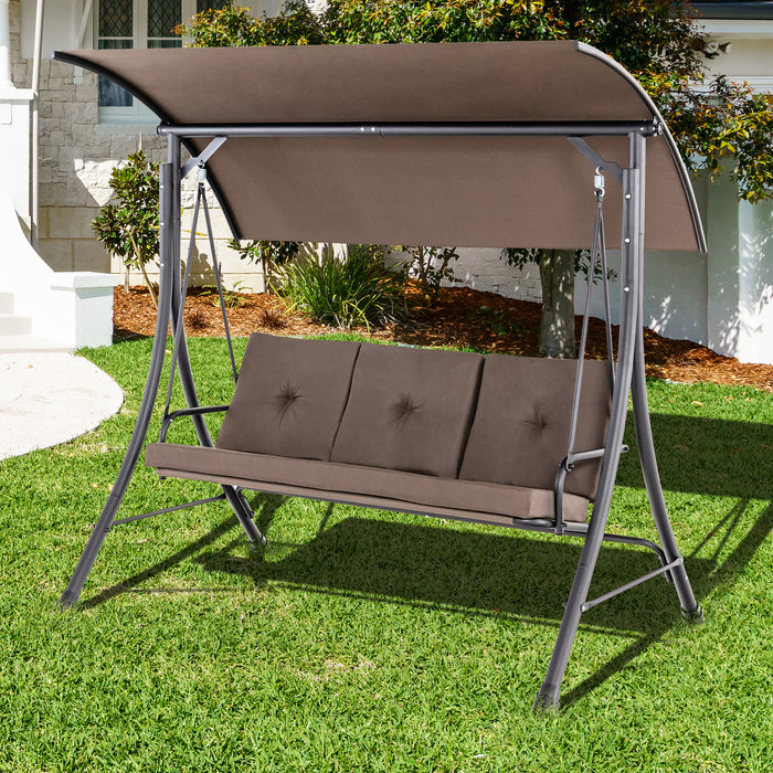 3-Seat Outdoor Porch Swing with Adjustable Canopy and Padded Cushions-Brown