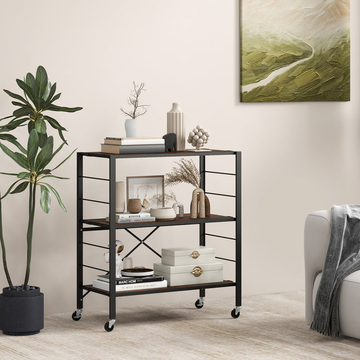 3-Tier Foldable Shelving Unit with Detachable Wheels and Adjustable Shelves-Black